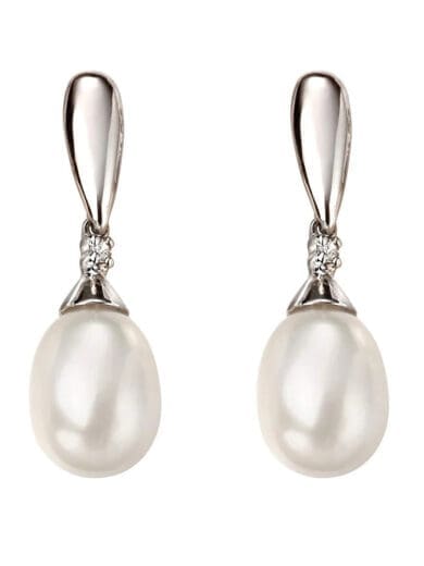 Elements 9ct White Gold Drop Pearl and Diamond Earrings GE2075W