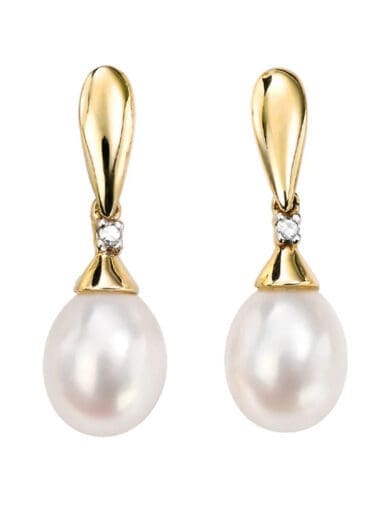 Elements 9ct Yellow Gold Drop Pearl and Diamond Earrings GE780W